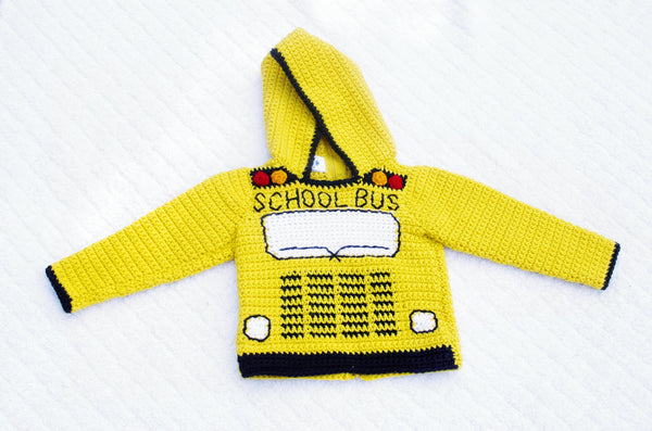 School Bus Toddler Hoodie Crochet Pattern - Sizes 2, 4, 6 - Back to School Hooded Sweater