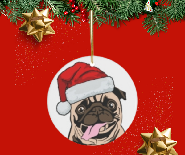 Pug Ceramic Ornament, Round Ceramic Ornament with Pug in Santa Hat