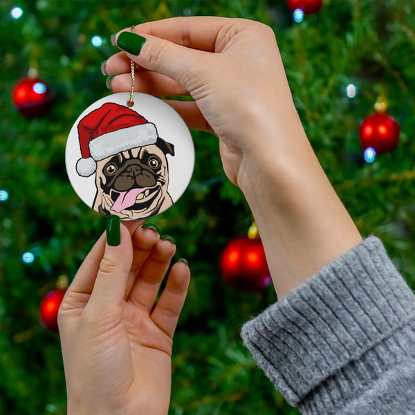 Pug Ceramic Ornament, Round Ceramic Ornament with Pug in Santa Hat
