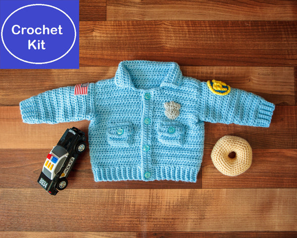 Baby Police Uniform Sweater plus Donut-Shaped Rattle Crochet Kit - size NB to 3 mth, 3-6 mth, or 9-12 mth