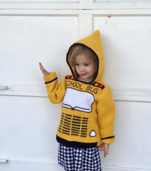 School Bus Toddler Hoodie Crochet Pattern - Sizes 2, 4, 6 - Back to School Hooded Sweater