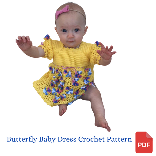 Butterfly Baby Girl Dress Crochet Pattern, Size 3 months, 6 months, and 9-12 months