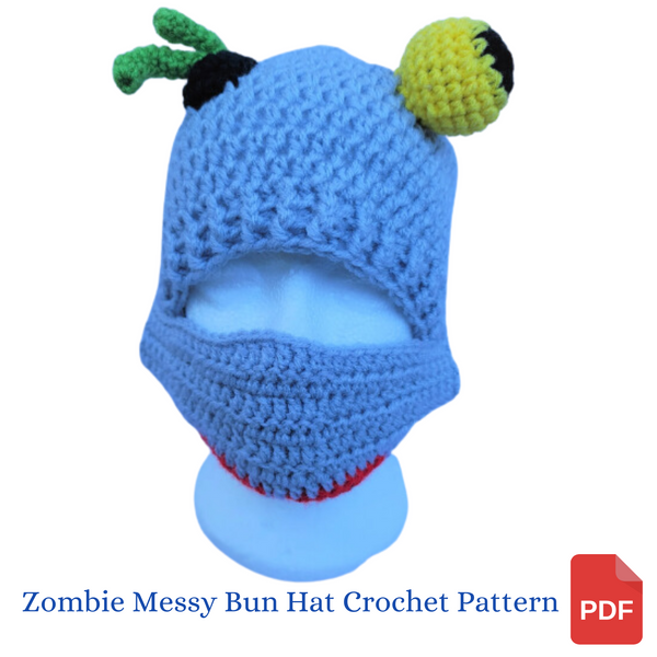 Zombie Messy Bun Hat Crochet Pattern with Snaggle-Tooth Face Mask Pattern