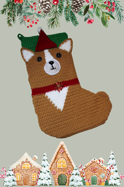 Handmade Crochet Corgi Christmas Stocking