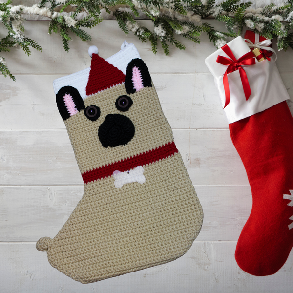 Crochet French Bulldog Holiday Stocking Pattern