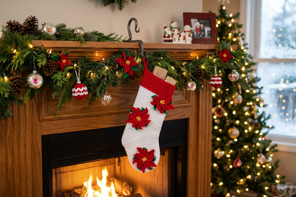 Poinsettia Christmas Stocking Crochet Pattern PDF