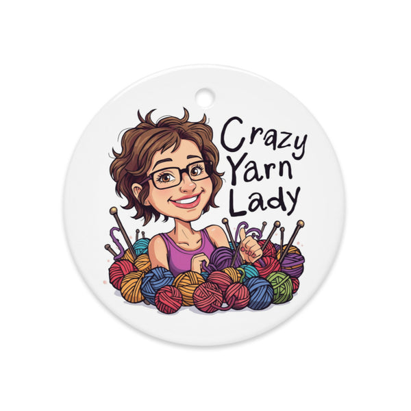 Crazy Yarn Lady Ceramic Ornament – Funny Gift for Crocheters & Knitters