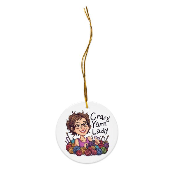 Crazy Yarn Lady Ceramic Ornament – Funny Gift for Crocheters & Knitters
