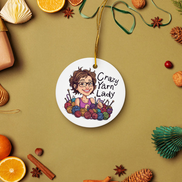 Crazy Yarn Lady Ceramic Ornament – Funny Gift for Crocheters & Knitters
