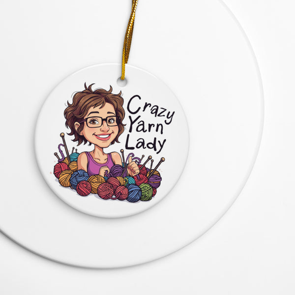 Crazy Yarn Lady Ceramic Ornament – Funny Gift for Crocheters & Knitters