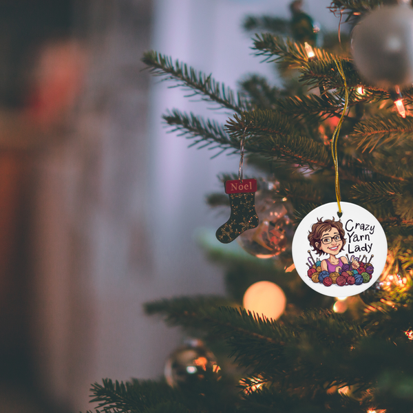 Crazy Yarn Lady Ceramic Ornament – Funny Gift for Crocheters & Knitters