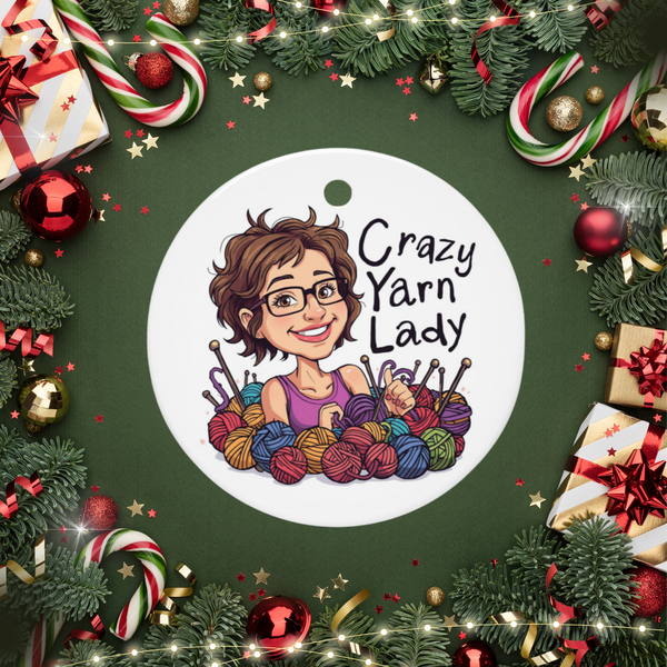 Crazy Yarn Lady Ceramic Ornament – Funny Gift for Crocheters & Knitters