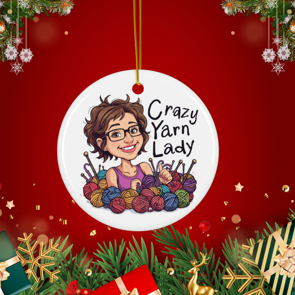 Crazy Yarn Lady Ceramic Ornament – Funny Gift for Crocheters & Knitters