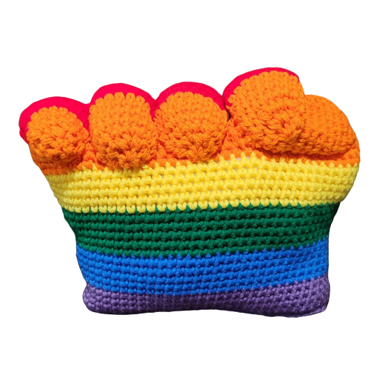 Rainbow Power Fist Pillow, Handmade Crochet