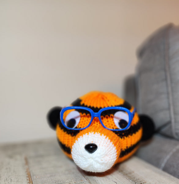 Tiger Eyeglass Stand, Handmade Knit