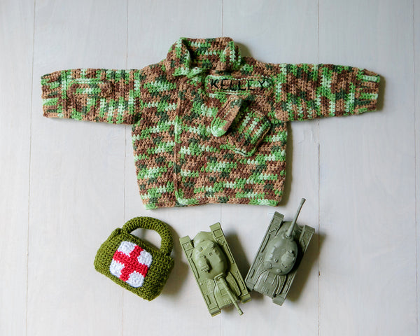 Crochet Kit for Baby Military Camouflage Sweater and First Aid Kit Baby Rattle