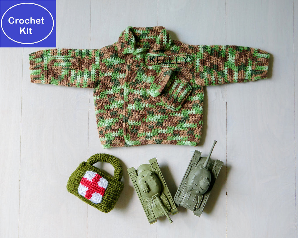 Crochet Kit for Baby Military Camouflage Sweater and First Aid Kit Baby Rattle