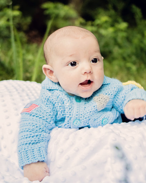 Baby Police Uniform Sweater plus Donut-Shaped Rattle Crochet Kit - size NB to 3 mth, 3-6 mth, or 9-12 mth