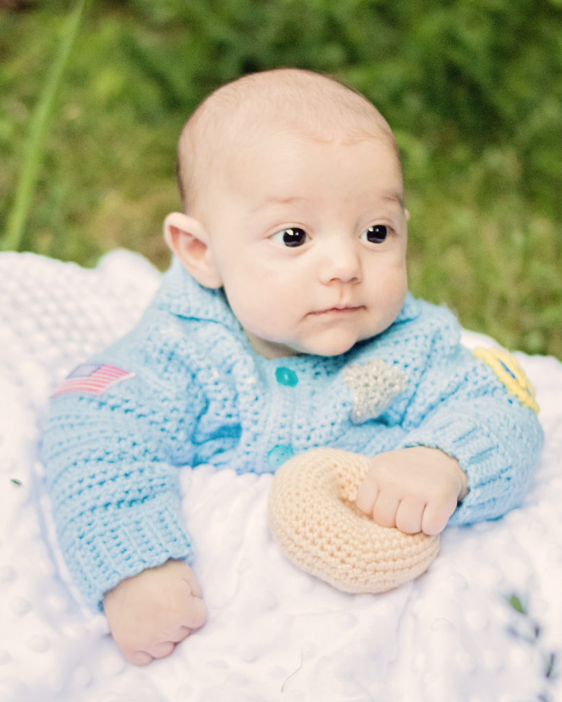 My Fingers Fly Baby Police Uniform Sweater Plus Donut-Shaped Rattle Crochet Kit - Size NB to 3 Mth, 3-6 Mth, or 9-12 MTH 6-9 Months