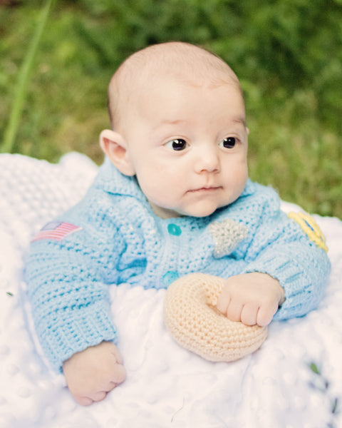 Baby Police Uniform Sweater plus Donut-Shaped Rattle Crochet Kit - size NB to 3 mth, 3-6 mth, or 9-12 mth