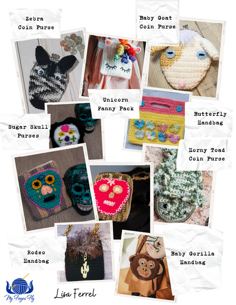 Tiny Totes Crochet Patterns Ebook - Sugar Skulls, Horny Toad, Mia Handbag, Butterfly and Baby Gorilla
