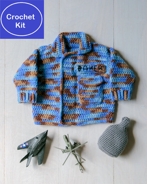 Crochet Kit for Baby Air Force Sweater and Canteen Baby Rattle