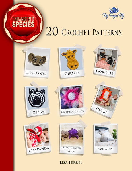 Endangered Animals Crochet Pattern Ebook - Elephants, Whales, Red Panda, Tigers, Zebra, Giraffe, Gorilla, Bearded Monkey, Horny Toads