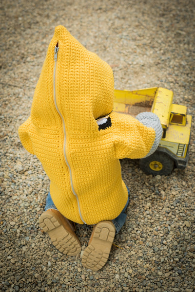 Bulldozer Toddler Hoodie Crochet Kit - Sizes 2 and 4 - Hoodie Zips up the Back