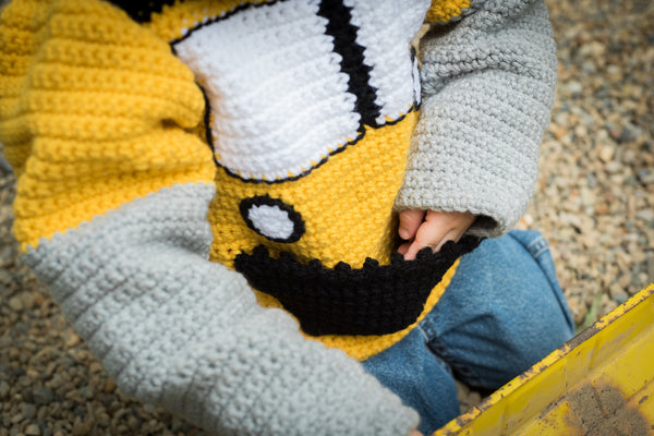 Bulldozer Toddler Hoodie Crochet Kit - Sizes 2 and 4 - Hoodie Zips up the Back