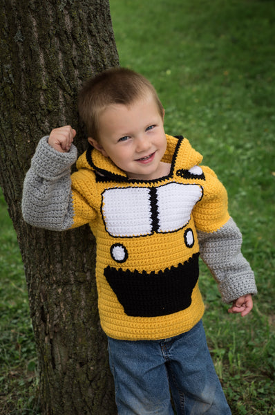 Bulldozer Toddler Hoodie Crochet Kit - Sizes 2 and 4 - Hoodie Zips up the Back
