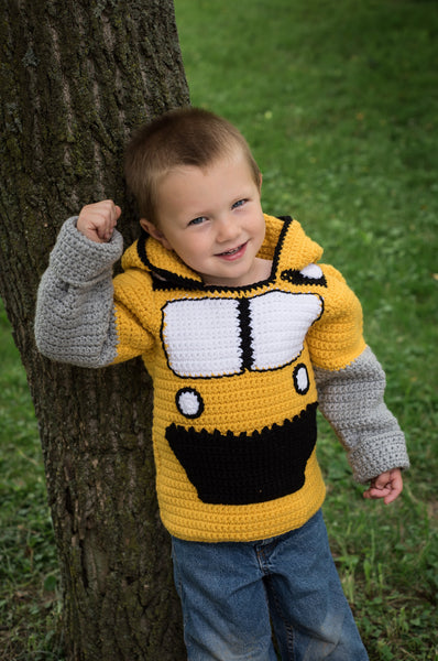 Bulldozer Toddler Hoodie Crochet Pattern - Sizes 2 and 4 - Hoodie Zips up the Back