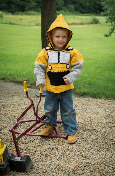 Bulldozer Toddler Hoodie Crochet Kit - Sizes 2 and 4 - Hoodie Zips up the Back
