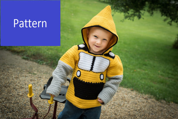 Bulldozer Toddler Hoodie Crochet Pattern - Sizes 2 and 4 - Hoodie Zips up the Back