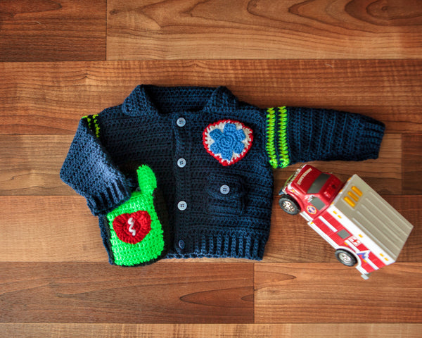 Baby Paramedic/EMT Sweater plus AED-Shaped Rattle Crochet Kit - size NB to 3 mth, 3-6 mth, or 9-12 mth