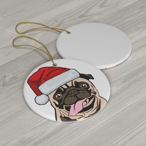 Pug Ceramic Ornament, Round Ceramic Ornament with Pug in Santa Hat