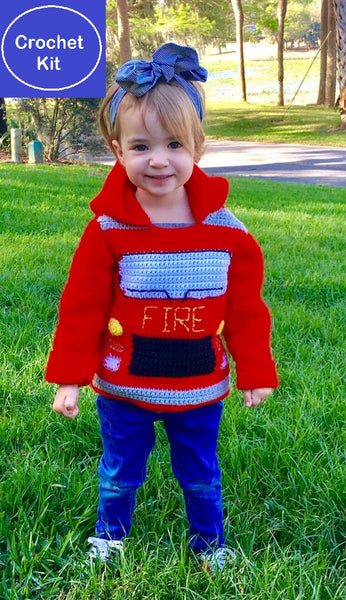 Fire Truck Toddler Hoodie Crochet Kit - Sizes 2 and 4 - Hoodie Zips up the Back