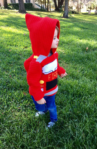 Fire Truck Toddler Hoodie Crochet Kit - Sizes 2 and 4 - Hoodie Zips up the Back