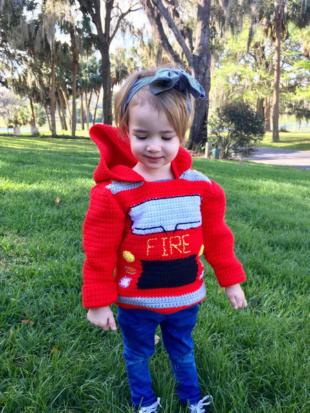Fire Truck Toddler Hoodie Crochet Kit - Sizes 2 and 4 - Hoodie Zips up the Back