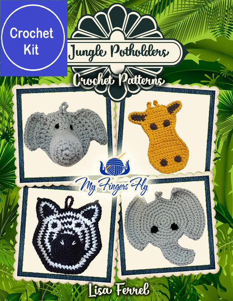 Jungle Potholders Crochet Kit with Cotton Yarn - Elephants, Zebra, Giraffe