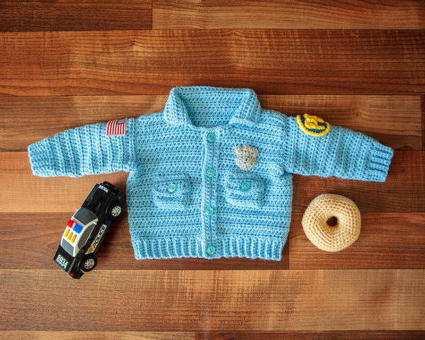 Baby Police Uniform Sweater plus Donut-Shaped Rattle Crochet Kit - size NB to 3 mth, 3-6 mth, or 9-12 mth