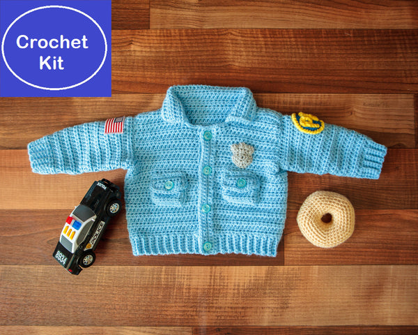 Baby Police Uniform Sweater plus Donut-Shaped Rattle Crochet Kit - size NB to 3 mth, 3-6 mth, or 9-12 mth