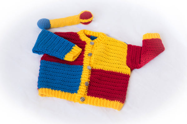 Royal Baby Sweater Crochet Pattern with Scepter Baby Rattle Crochet Pattern, Sizes NB-3M, 6M, 9M