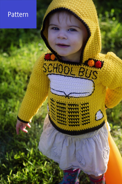 School Bus Toddler Hoodie Crochet Pattern - Sizes 2, 4, 6 - Back to School Hooded Sweater