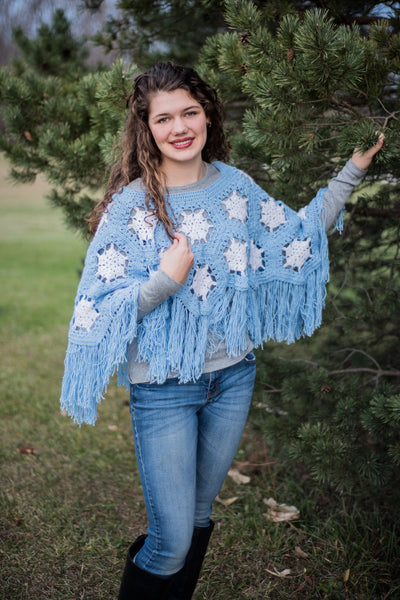 Girls' Snowflake Poncho Crochet Pattern, Girls' size 8/10, Girls' size 12/14, and Ladies' size Medium