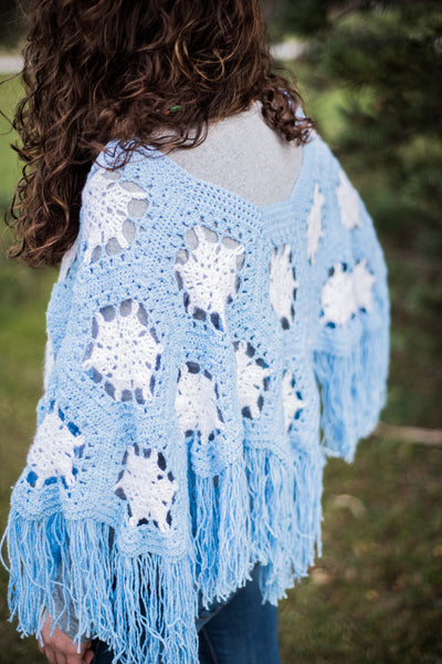 Girls' Snowflake Poncho Crochet Pattern, Girls' size 8/10, Girls' size 12/14, and Ladies' size Medium