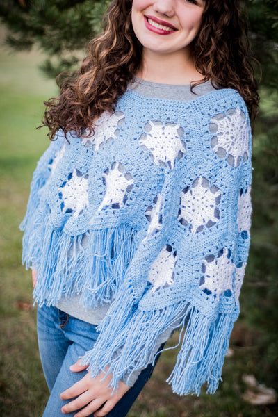 Girls' Snowflake Poncho Crochet Pattern, Girls' size 8/10, Girls' size 12/14, and Ladies' size Medium