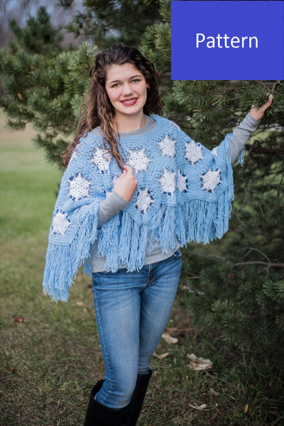 Girls' Snowflake Poncho Crochet Pattern, Girls' size 8/10, Girls' size 12/14, and Ladies' size Medium
