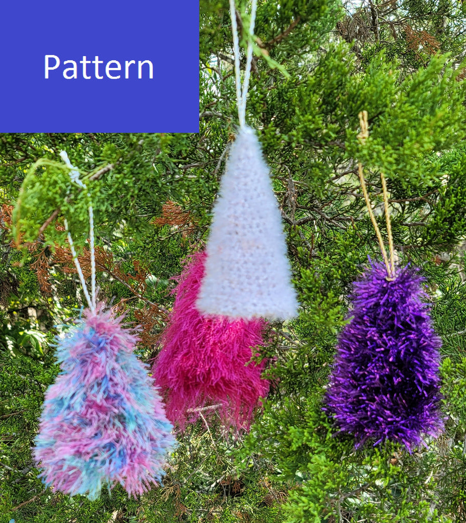 Crochet for design of fir tree. Pink and purple yarn for crocheting  christmas decoration on fir tree. Crochet homemade decor for xmas tree. How  to make crochet toys at home. Photos